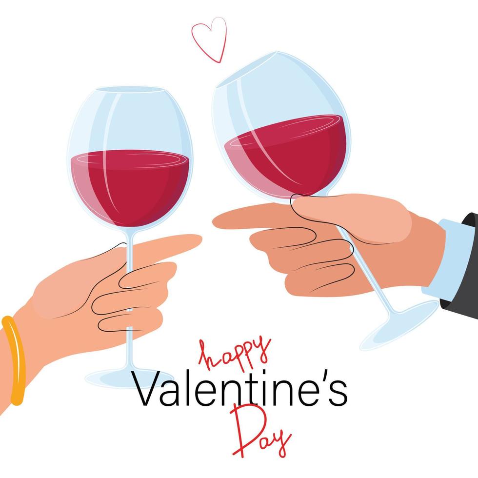 manos sosteniendo copas de vino. pareja bebiendo vino tinto. feliz día de san valentín ilustración. vector