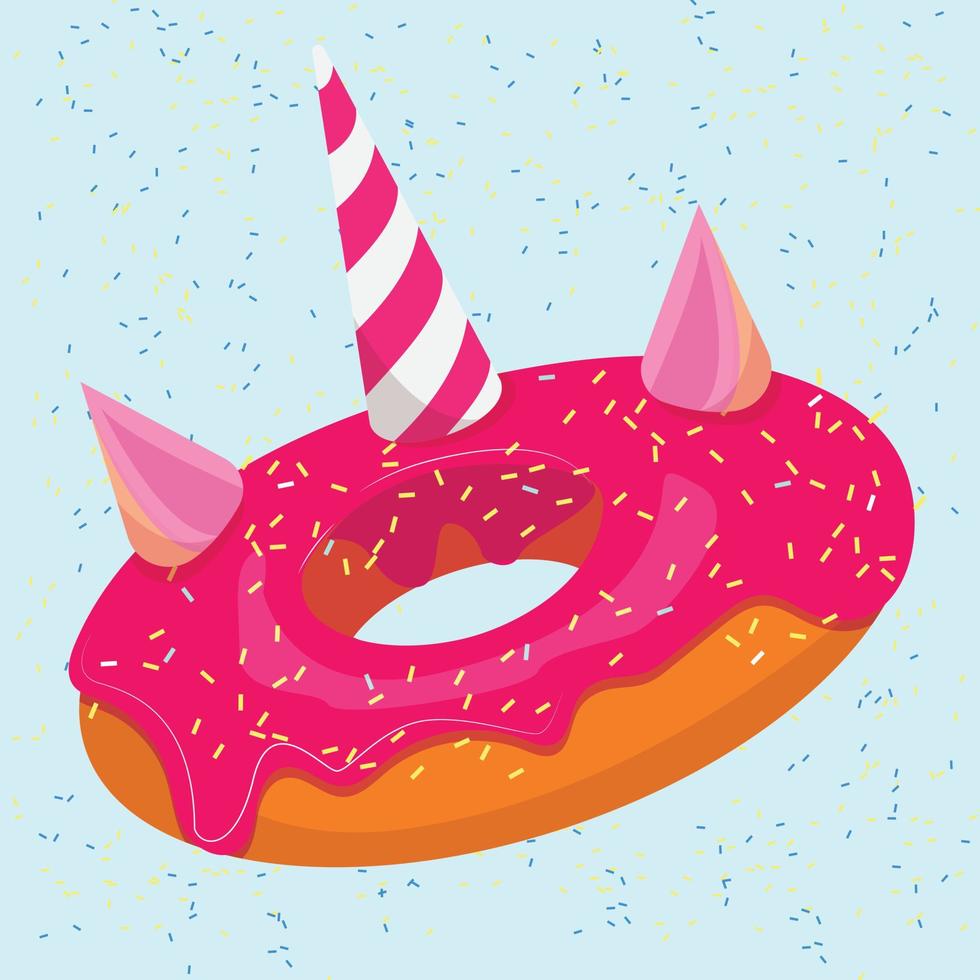 Donut in bright colours. Pink unicorn donut. For print, cards, backgrounds, valentines day. vector