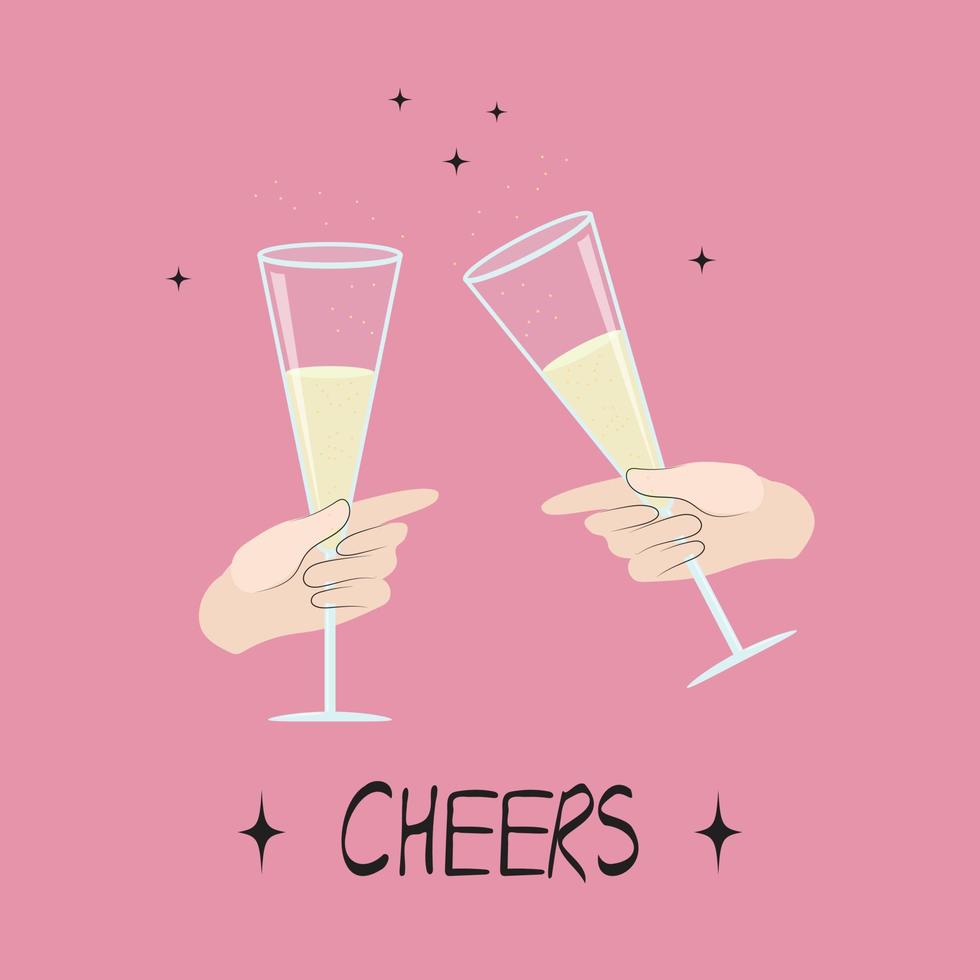 Two hand holding glasses of champagne. Dating, drinking, cheers, valentine's day illustration. For banners, cards, menu, advertisemnt. vector