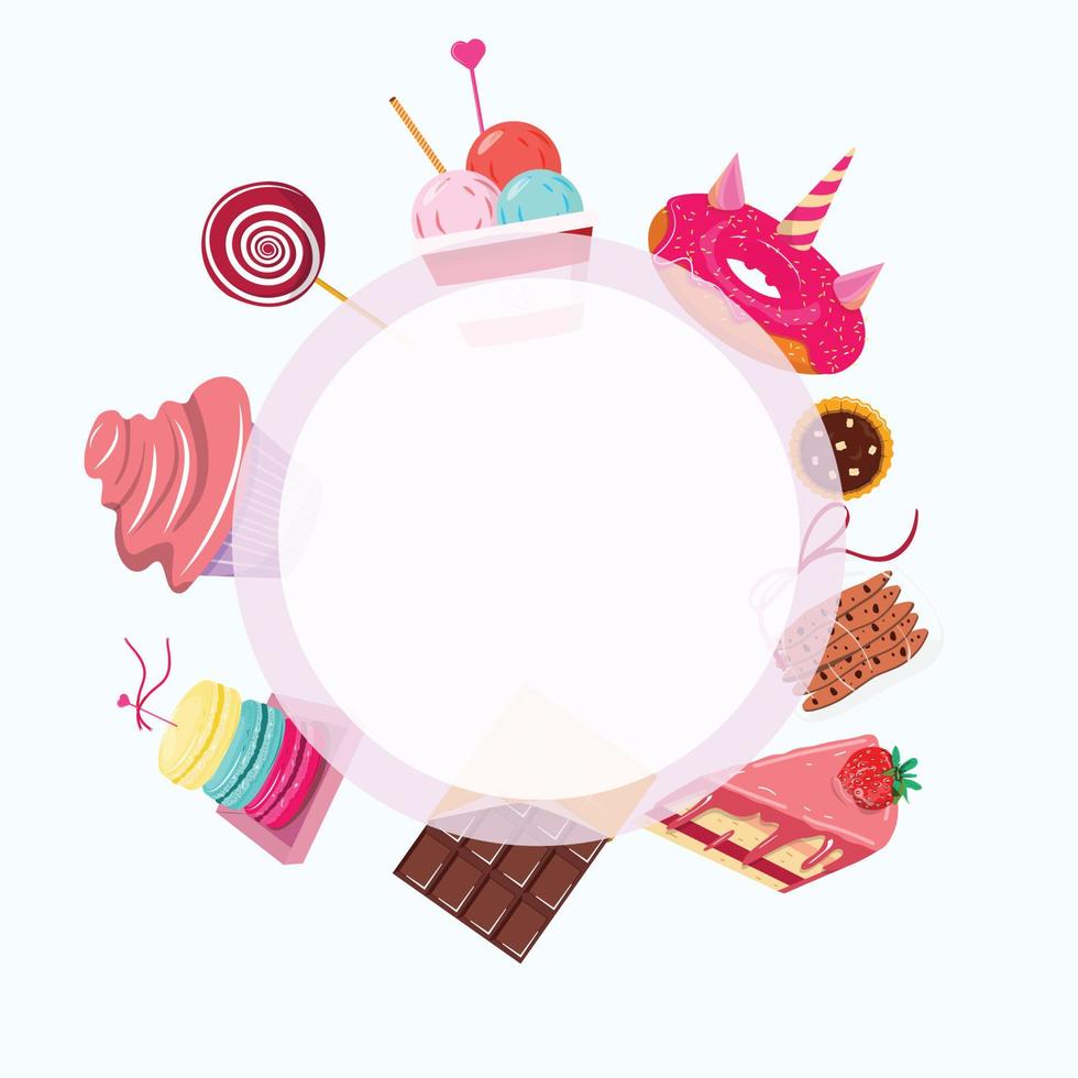 Template with sweets and baking elements. Circle blank template with desserts. vector