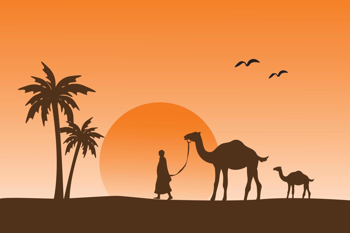person leading the camel, islamic background illustration wallpaper, eid al adha holiday, beautiful silhouette landscape, sand desert, golden sunlight, vector graphic