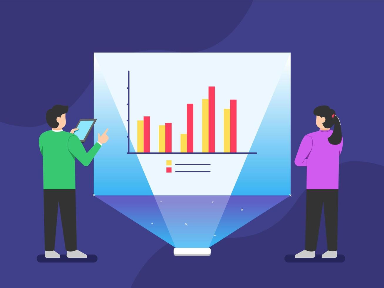men and women in a meeting explaining and discussing bar charts, sales and marketing business vector