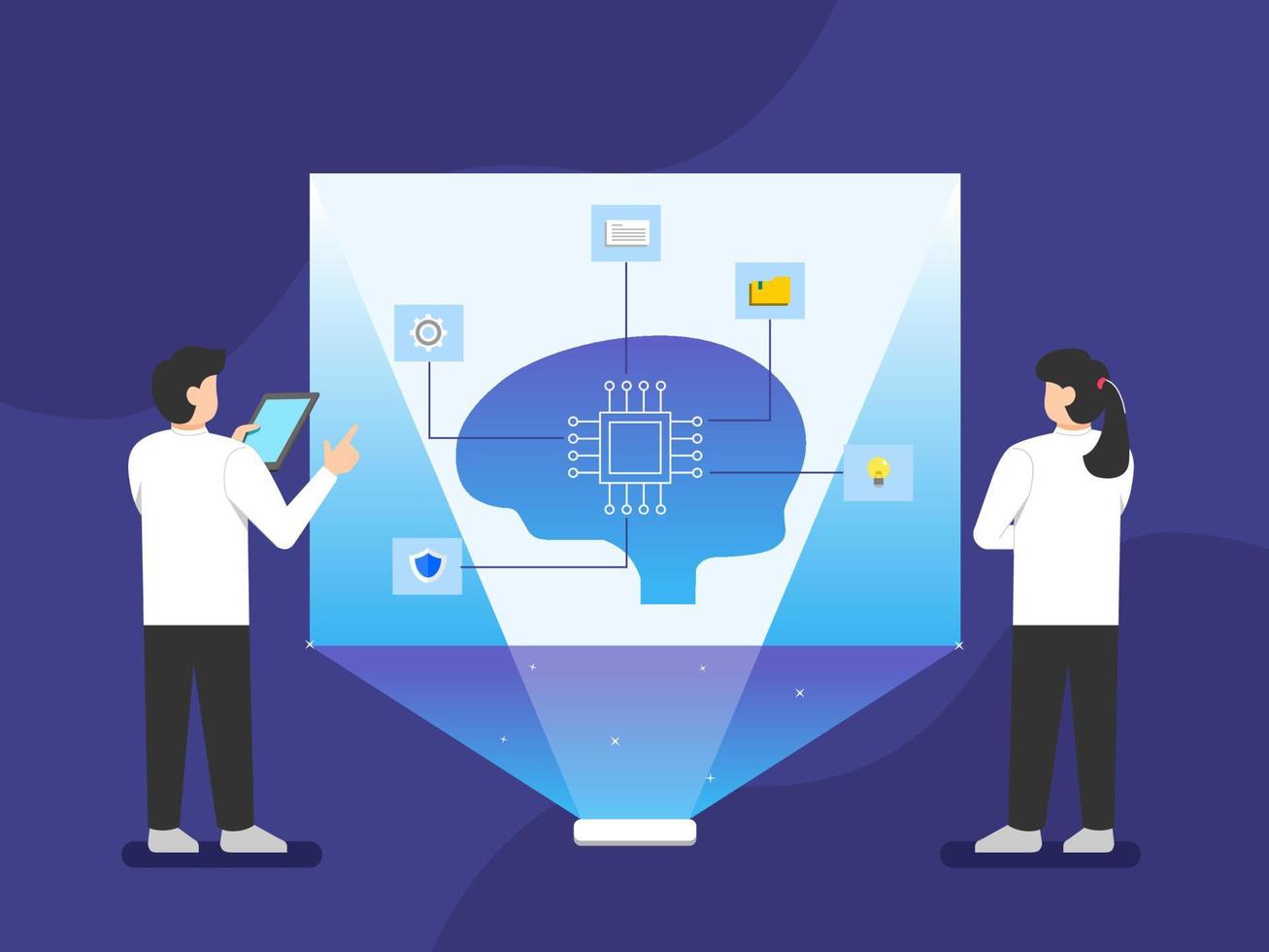 male and female scientists are discussing artificial intelligence. future technology vector