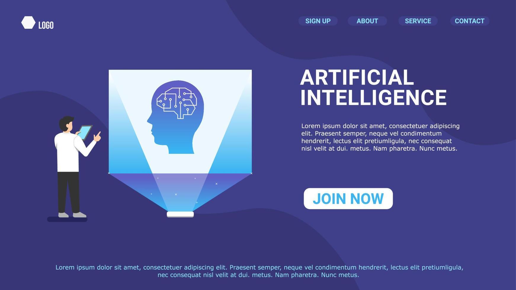 male scientist is designing and explaining artificial intelligence. future technology. landing page vector