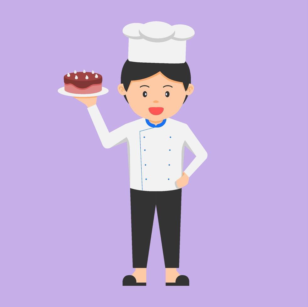 illustration of cute chef character making tart cake vector