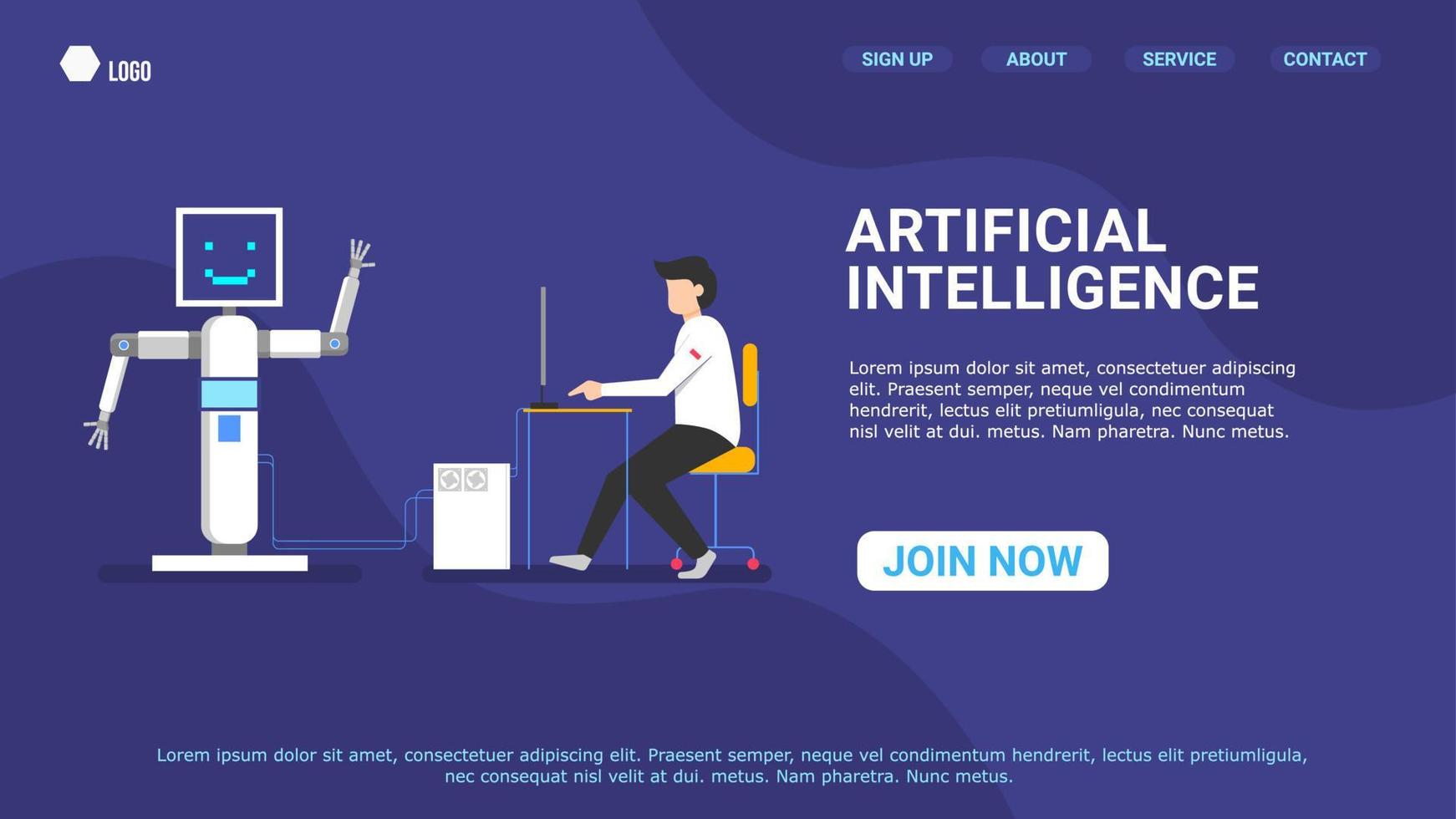 a male scientist is programming a robot with his computer, artificial intelligence technology of the future. landing page vector