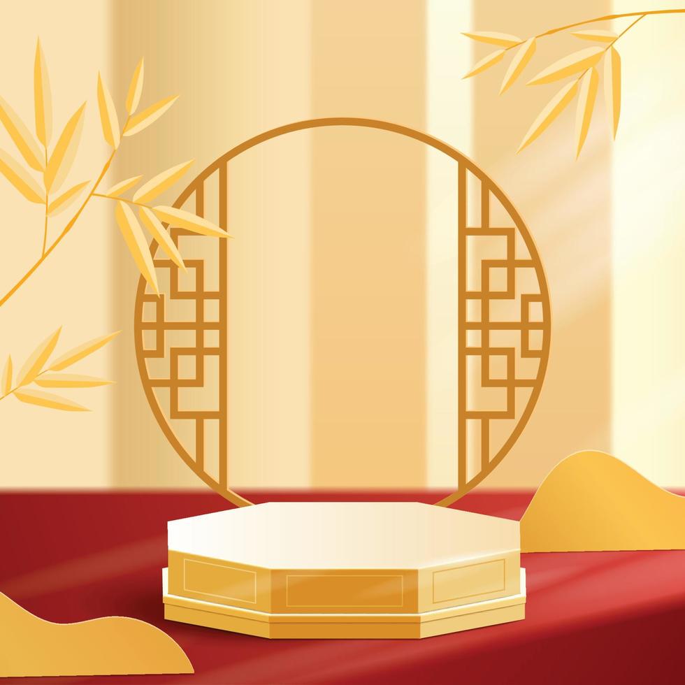 Escena de maqueta mínima abstracta. podio para mostrar la exhibición de productos. pedestal o plataforma de escenario. año nuevo chino fondo rojo y dorado. Vector 3d