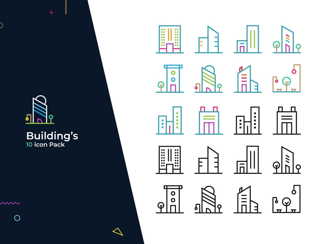 Buildings - 10 icon pack. Suitable for website, mobile app, poster, presentation, flyer, printing, social media, etc vector