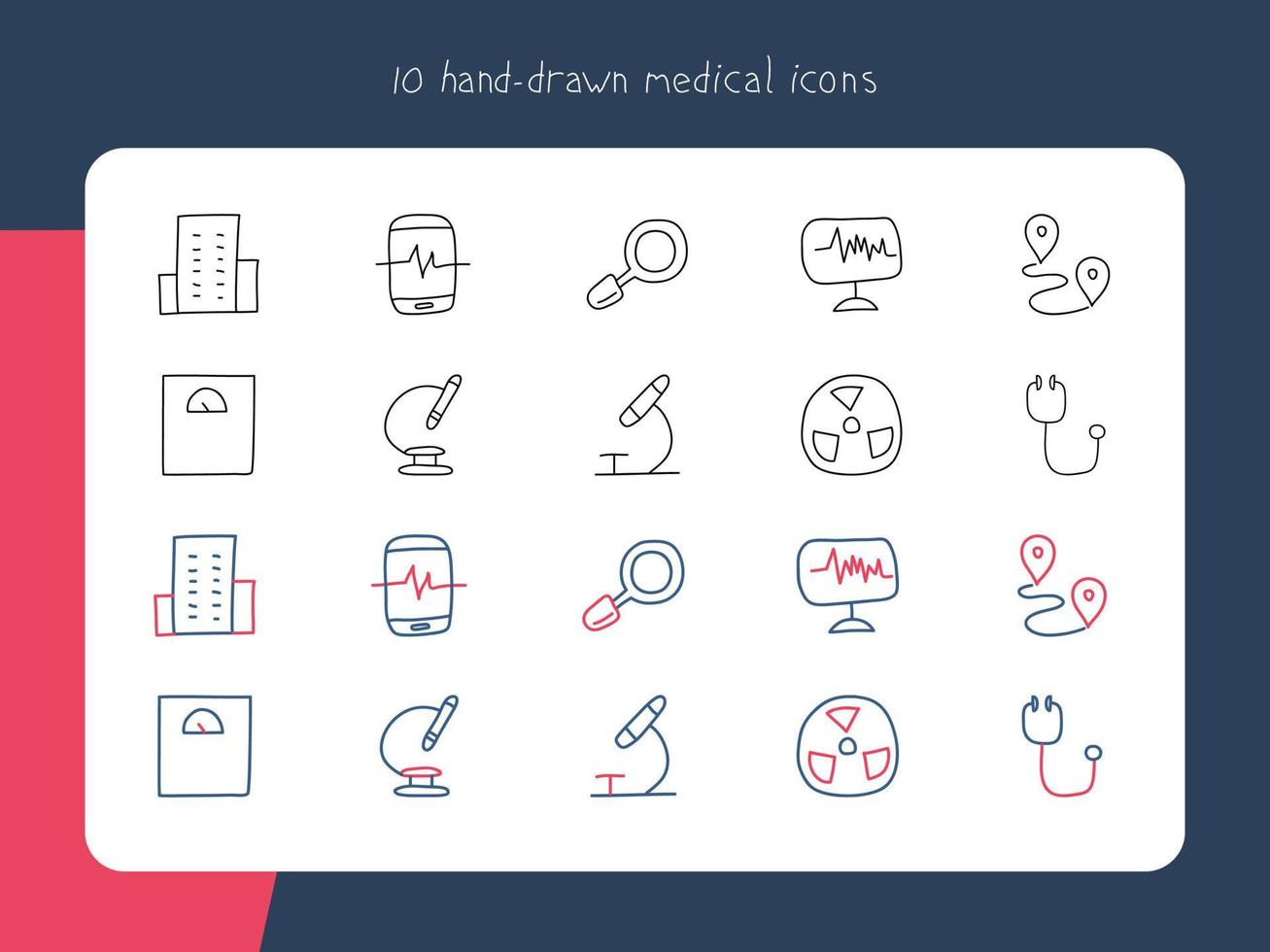 Hand-drawn Medical Icons. Displays some laboratory equipment, such as a microscope, radiation, magnifying glass, weight scales, building, location, stethoscope, etc. vector