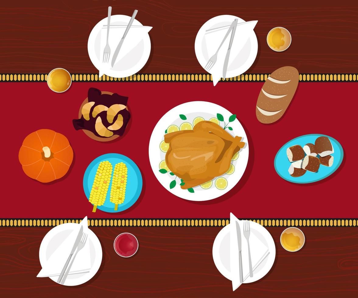 cena que muestra una foto de una fiesta de comida que sirve una bebida de pan de pastel de pavo de maíz servida en una mesa de madera decorada con alfombra vector