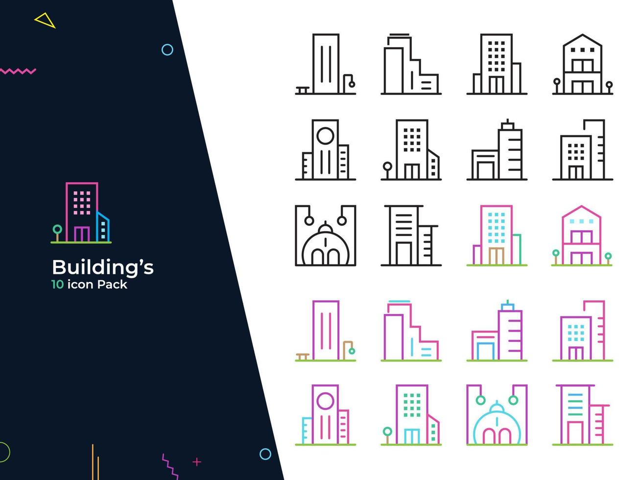 Buildings - 10 icon pack. Suitable for website, mobile app, poster, presentation, flyer, printing, social media, etc vector