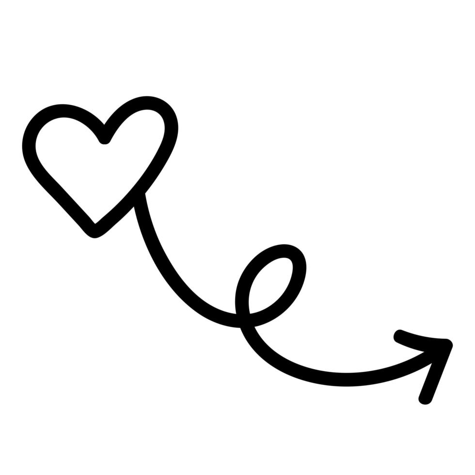 Linear doodle arrow with heart. Love pointer, trajectory, like. Vector design element for social media, valentines day and romantic designs