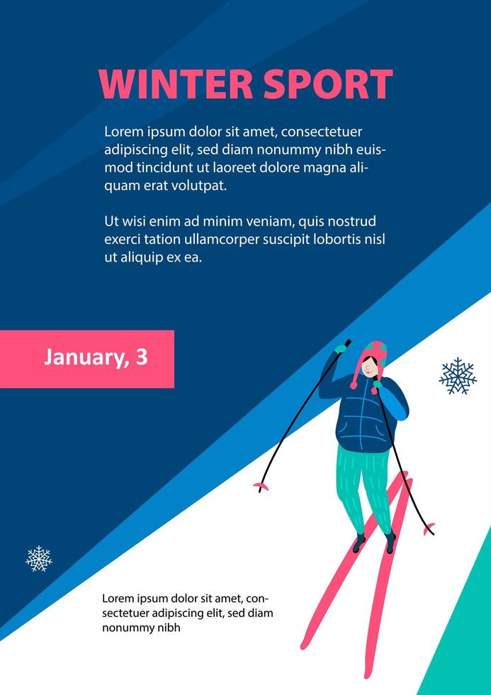 Winter Sport. Skiing. Mountain landscape. Skier in motion. Extreme on nature template of flyear, magazines, poster, banners. Active lifestyle invitation concept. Flat vector cartoon illustration