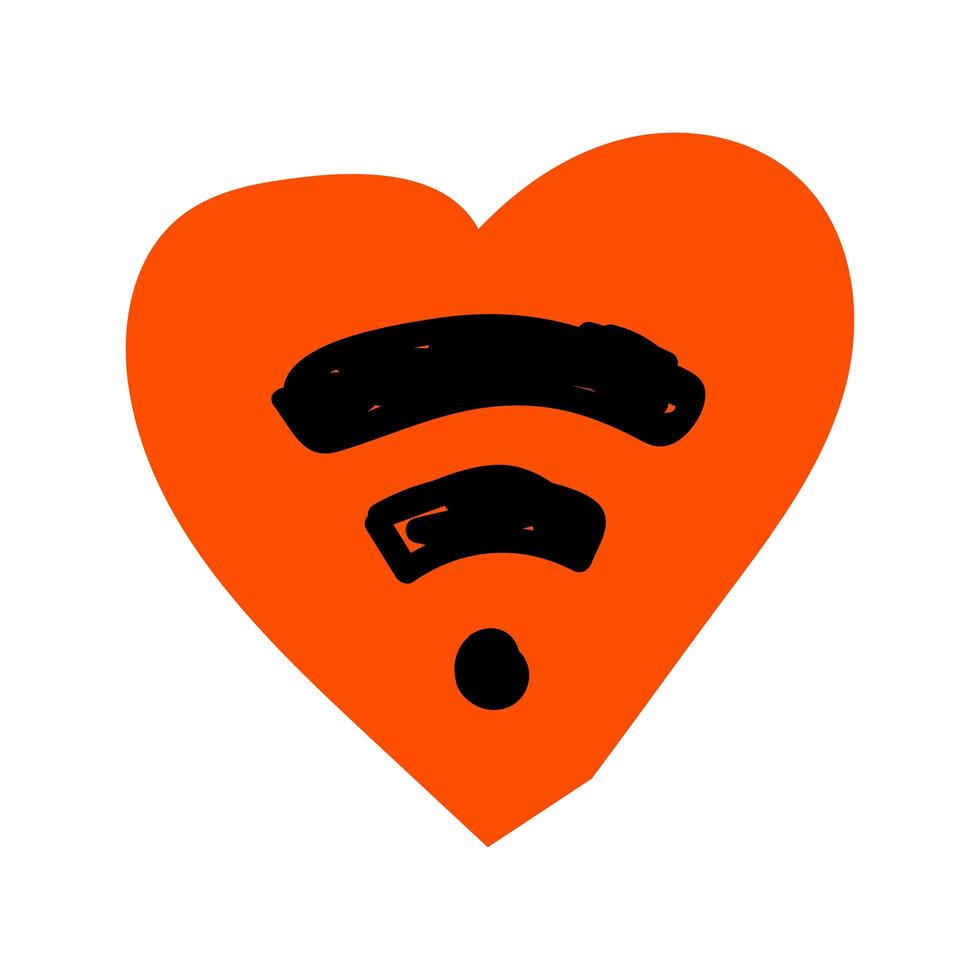 icono de garabato del día de san valentín signo de wi-fi dentro de forma de corazón rojo. con amor por la tecnología inalámbrica e Internet. dibujado a mano abstracto, arte de línea, vector plano para web, banner, tarjeta, pegatina