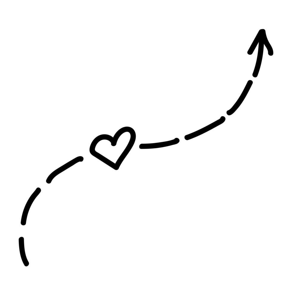 Linear doodle arrow with heart and dotted line. Love pointer, trajectory, like. Vector design element for social media, valentines day and romantic designs