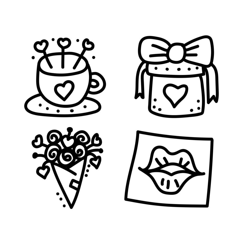 Valentines day Doodle set of icons date of lovers. First meeting cafe, a cup of coffee, a gift, a bouquet of flowers, a kiss on a napkin. Hand drawn Illustration for web, card, flyer, holiday, sticker vector