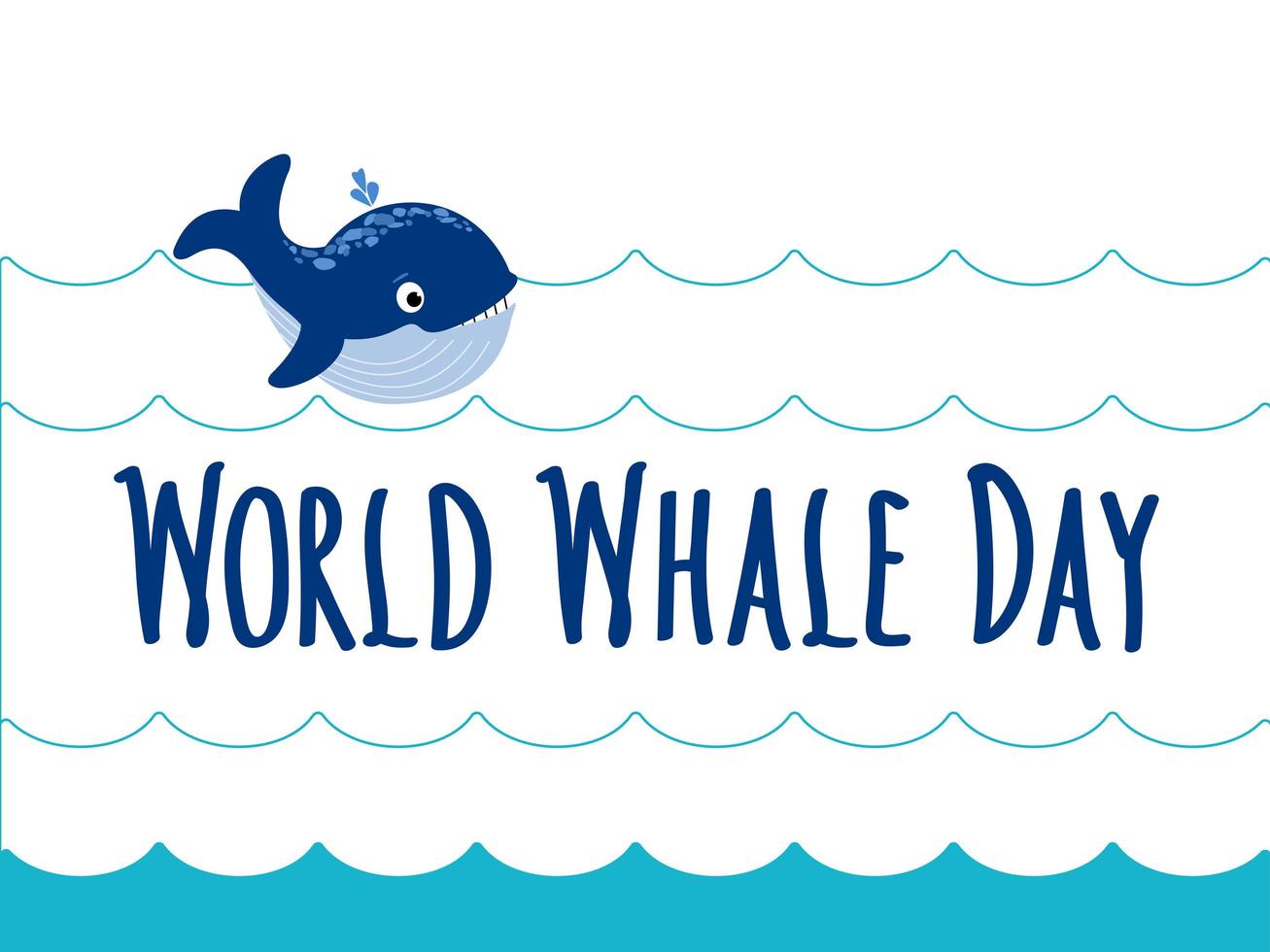 World Whale Day handwritten Lettering and Whale in the blue sea Waves. World whales day abstract sign and cute baby-whale. Protection of marine mammals. Vector flat illustration for card, logo, banner