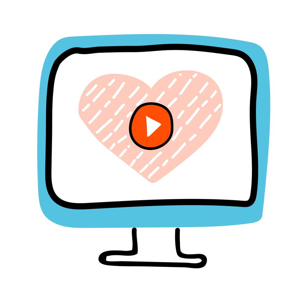 icono de garabato monitor de pantalla de computadora y amor de corazón y video en línea que muestra el signo. Me encanta el mensaje de video de San Valentín y jugar. televisión digital por Internet, reproductor de videos web o transmisión en vivo de redes sociales vector