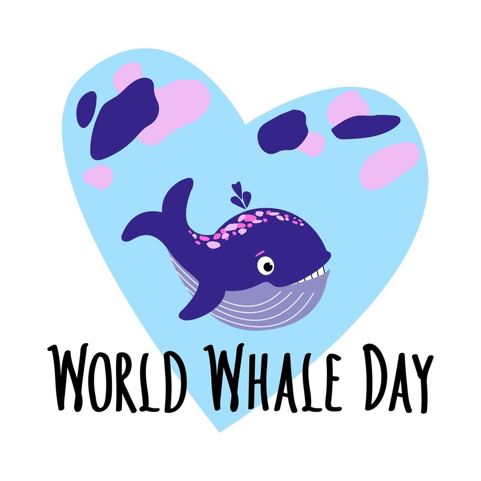 linda ballena en el corazón abstracto azul. letras escritas a mano del día mundial de la ballena. signo abstracto, forma y ballena del día mundial de las ballenas. protección de los mamíferos marinos. ilustración plana vectorial para tarjeta, pancarta vector