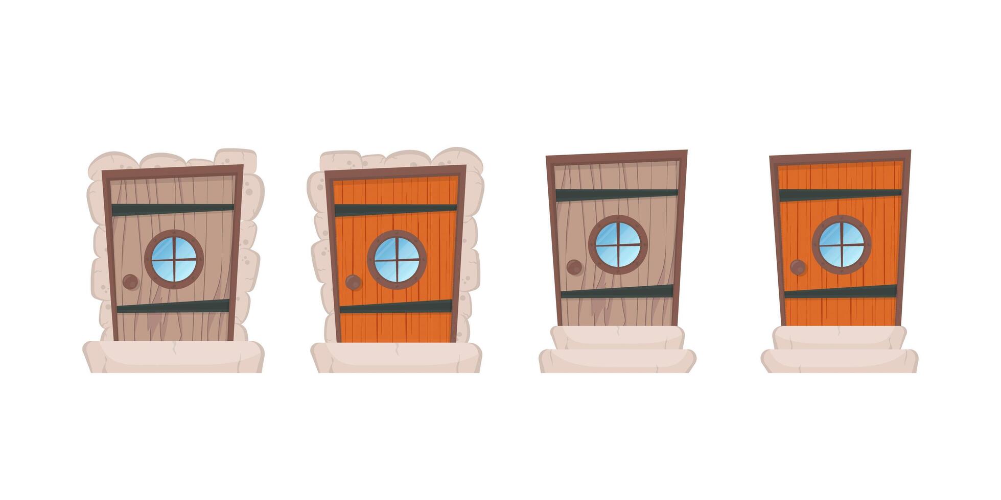 un conjunto de puertas de entrada rectangulares con ventanas redondas. revestimiento de piedra. para el diseño de juegos o edificios. aislado. vector. vector