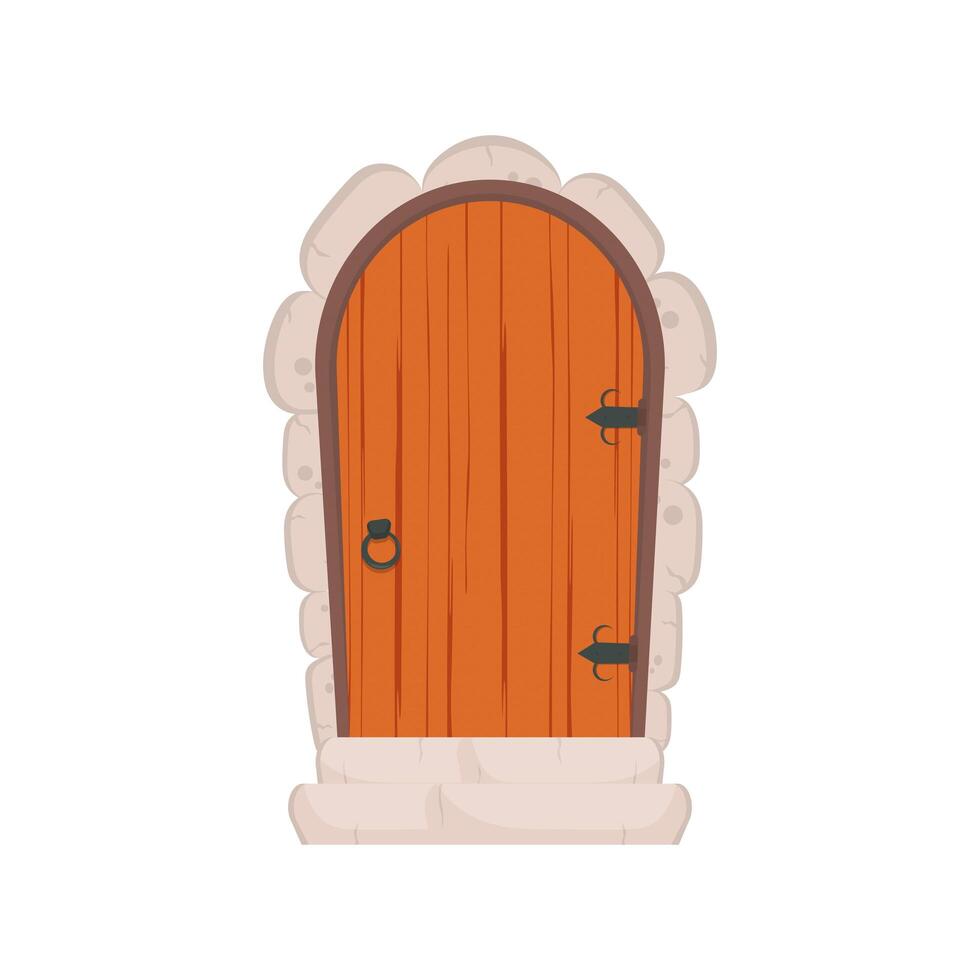 puerta de madera antigua. revestimiento y escalones de piedra. textura de madera. estilo de dibujos animados aislado, ilustración vectorial. vector