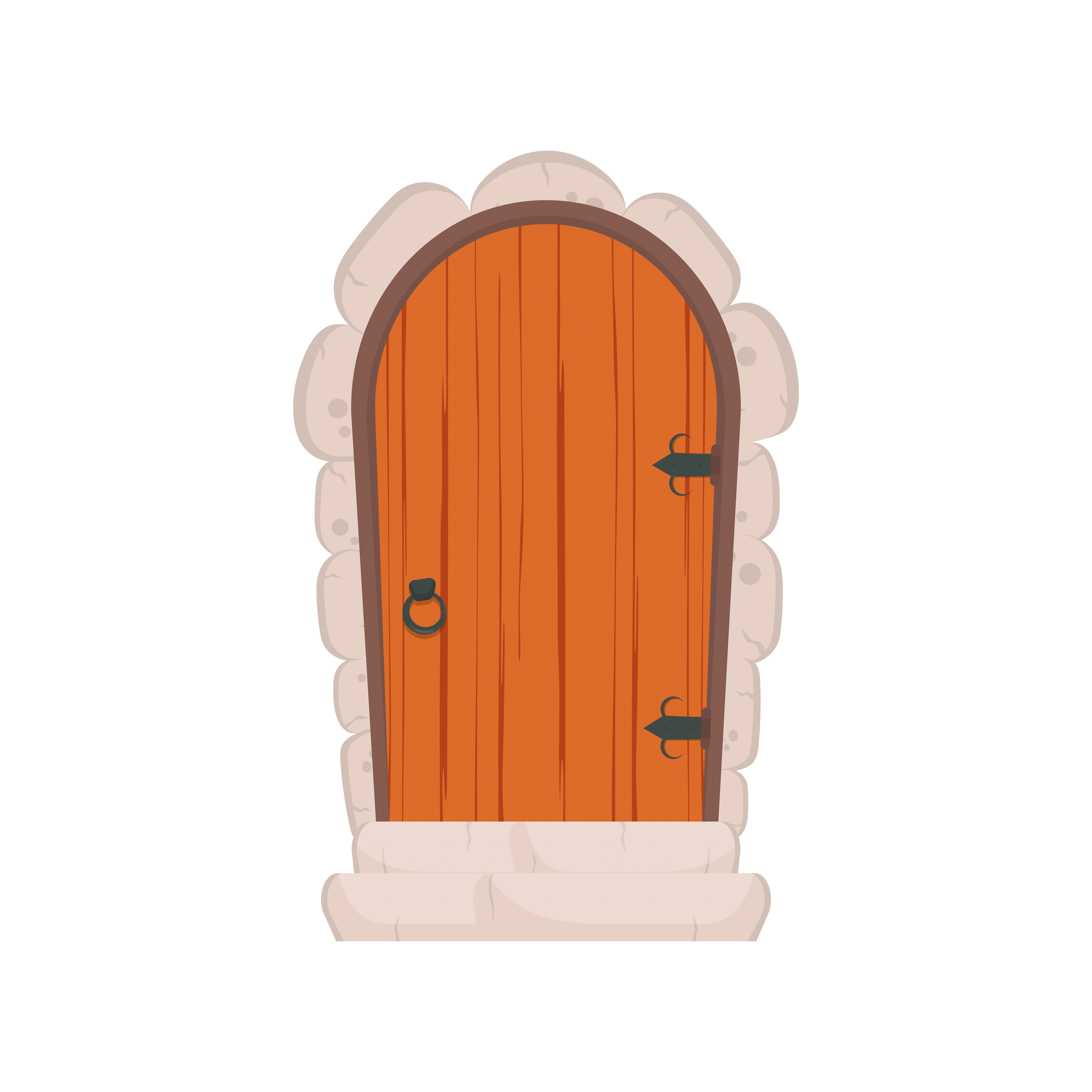 Antique wooden door. Stone cladding and steps. Wood texture. Cartoon