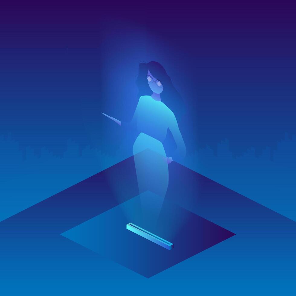 A hologram of a girl with glasses. Futuristic silhouette of a girl in neon light. Isometric style. . vector