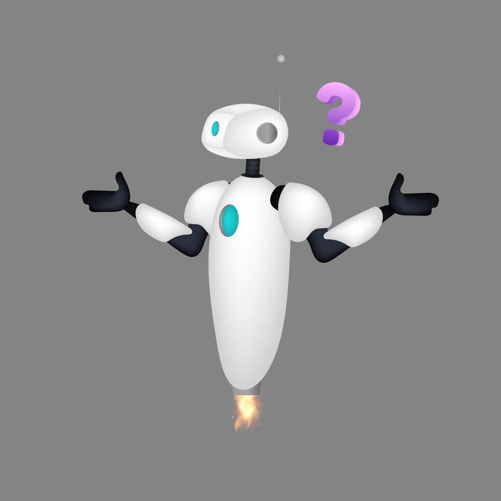 Confused white flying robot. The bot makes a helpless gesture. Vector. vector