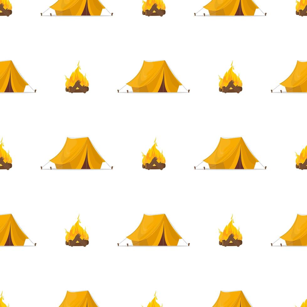 Seamless pattern with yellow tent and bonfire. Good on the topic of travel and camping. Vector. vector