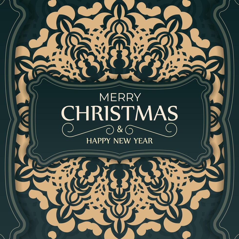 Dark green Happy New Year greeting card template with vintage yellow ornament vector