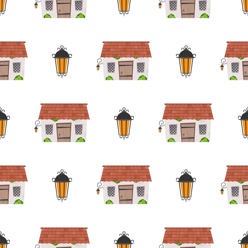 Seamless pattern with lanterns and houses. Endless background. Good for wrapping paper, postcards, and books. Cartoon style. Vector