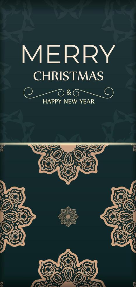 Holiday card Happy New Year in dark green color with winter yellow ornament vector