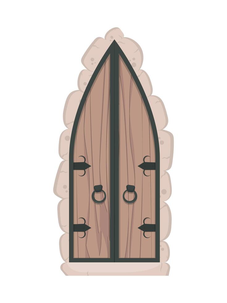 antiguas puertas triangulares de madera con revestimiento de piedra. estilo de dibujos animados ilustración vectorial vector