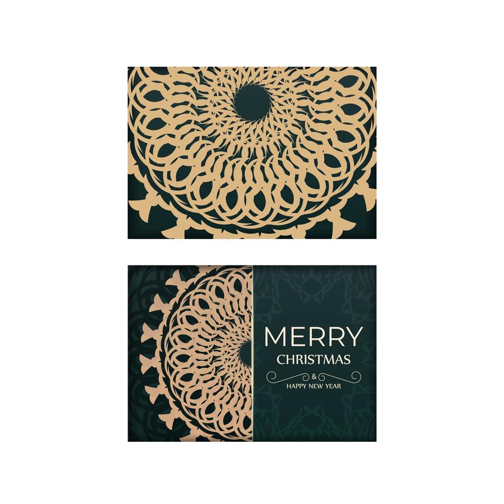 Greeting card Merry Christmas and Happy New Year in dark green color with winter yellow ornament vector
