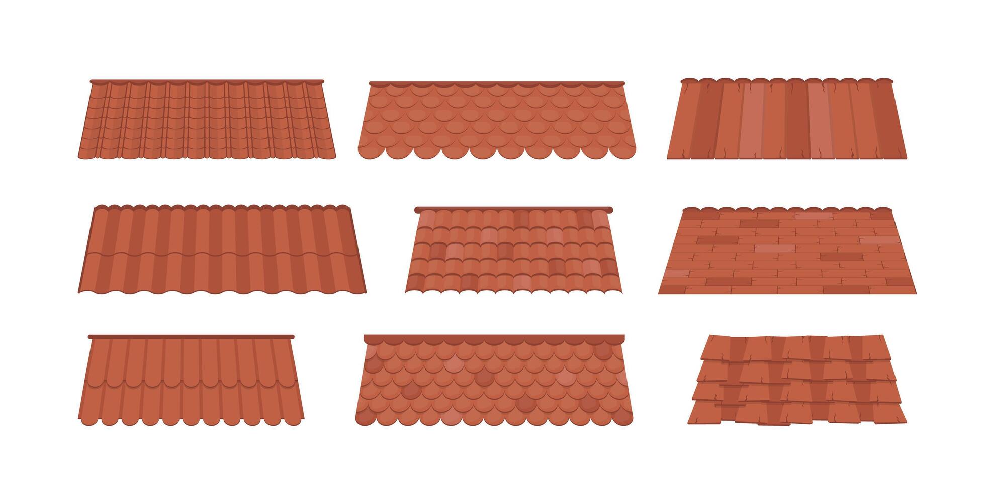 Large Set of Roofs for the design of summer cottages. Brown tile roof isolated on white background. Cartoon style. Vector illustration.