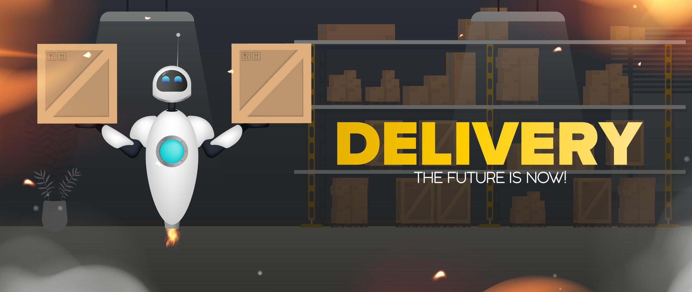 Delivery banner. White flying robot is holding a box. Warehouse with racks and boxes. Cartoon style. Vector illustration.