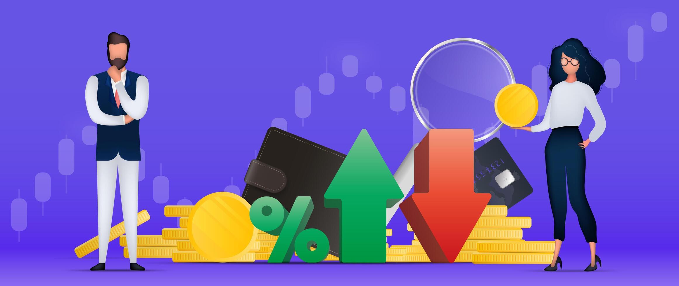Man and woman are businessmen. Percentage with up and down arrows. Wallet, bank card, graph, magnifier. The concept of trading and trading on the finance exchange. . vector