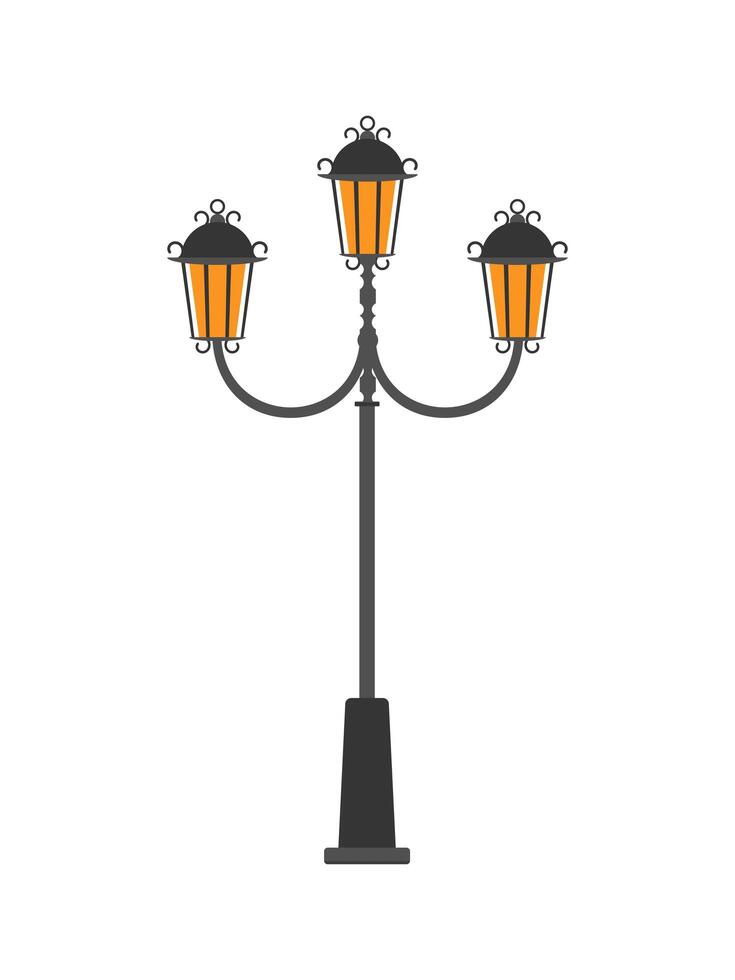 Street post lantern with three lamps in flat style isolated on white background. Vector illustration.