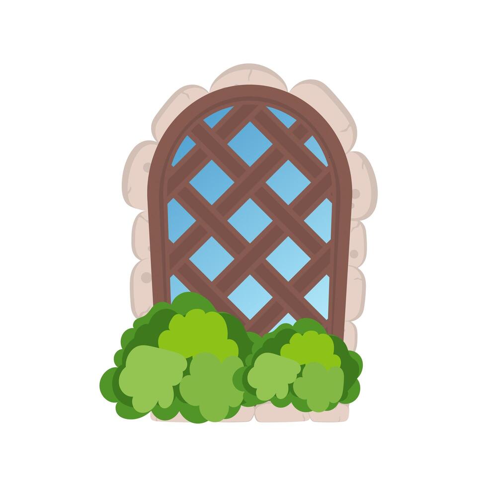 ventana antigua con revestimiento de piedra y vegetación en el alféizar de la ventana. celosía de madera en una ventana antigua. aislado. vector. vector