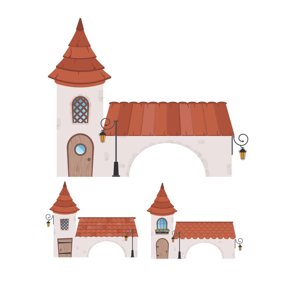 conjunto de casas antiguas. casa con una torre y un arco. edificio de piedra con ventanas, puerta y techo. estilo de dibujos animados para el diseño de juegos, postales y libros. aislado. ilustración vectorial vector