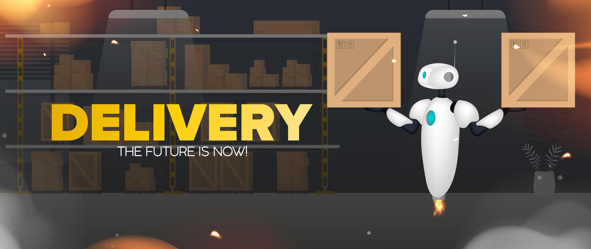 Delivery banner. White flying robot is holding a box. Warehouse with racks and boxes. Large warehouse. Vector illustration.