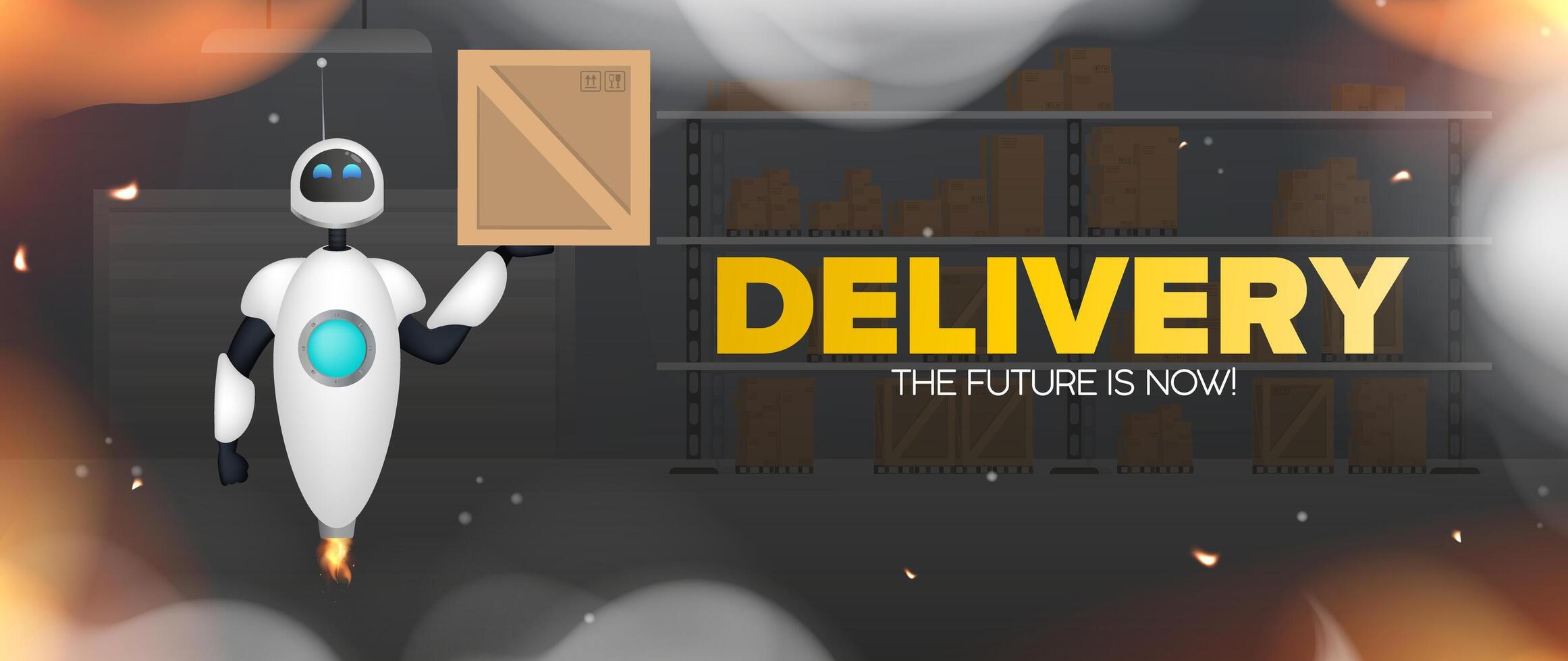 Delivery banner. White flying robot is holding a box. Warehouse with racks and boxes. Large warehouse. Vector