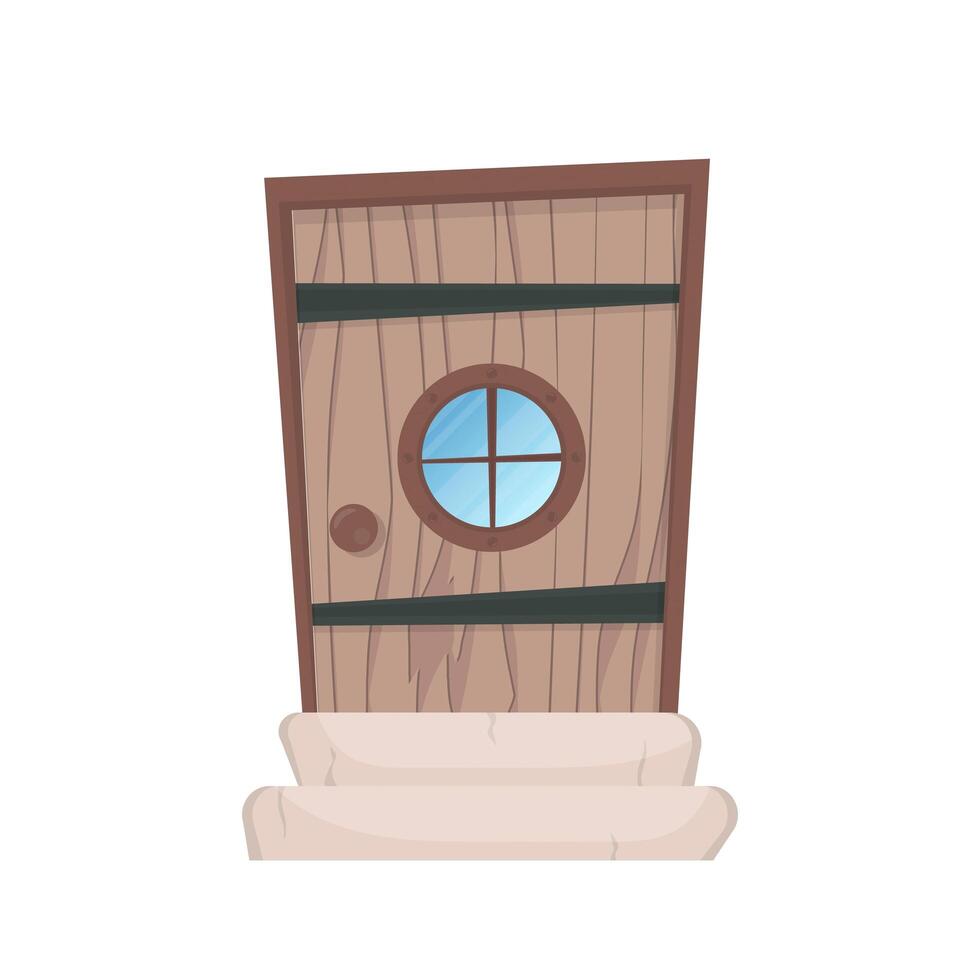 antigua puerta de entrada rectangular de madera con ventana redonda. estilo de dibujos animados aislado. vector. vector