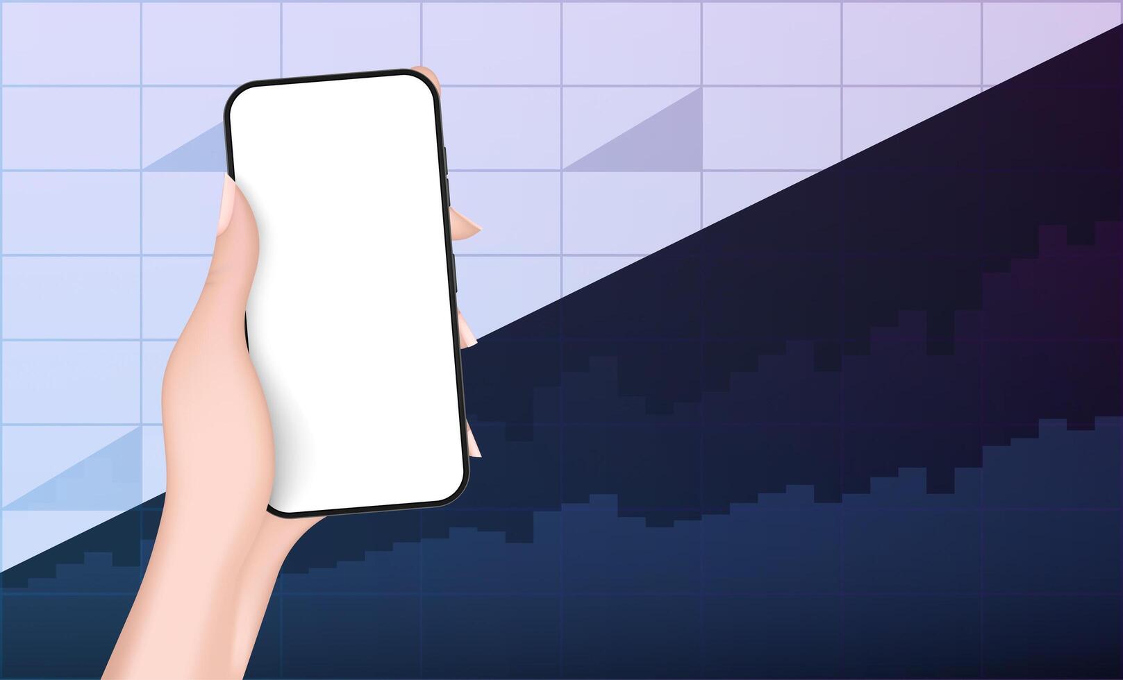 A hand holds a phone with a white screen on the background of financial charts.The concept of analytics, business or trading on the financial exchange. Neon colors, realistic style. . vector