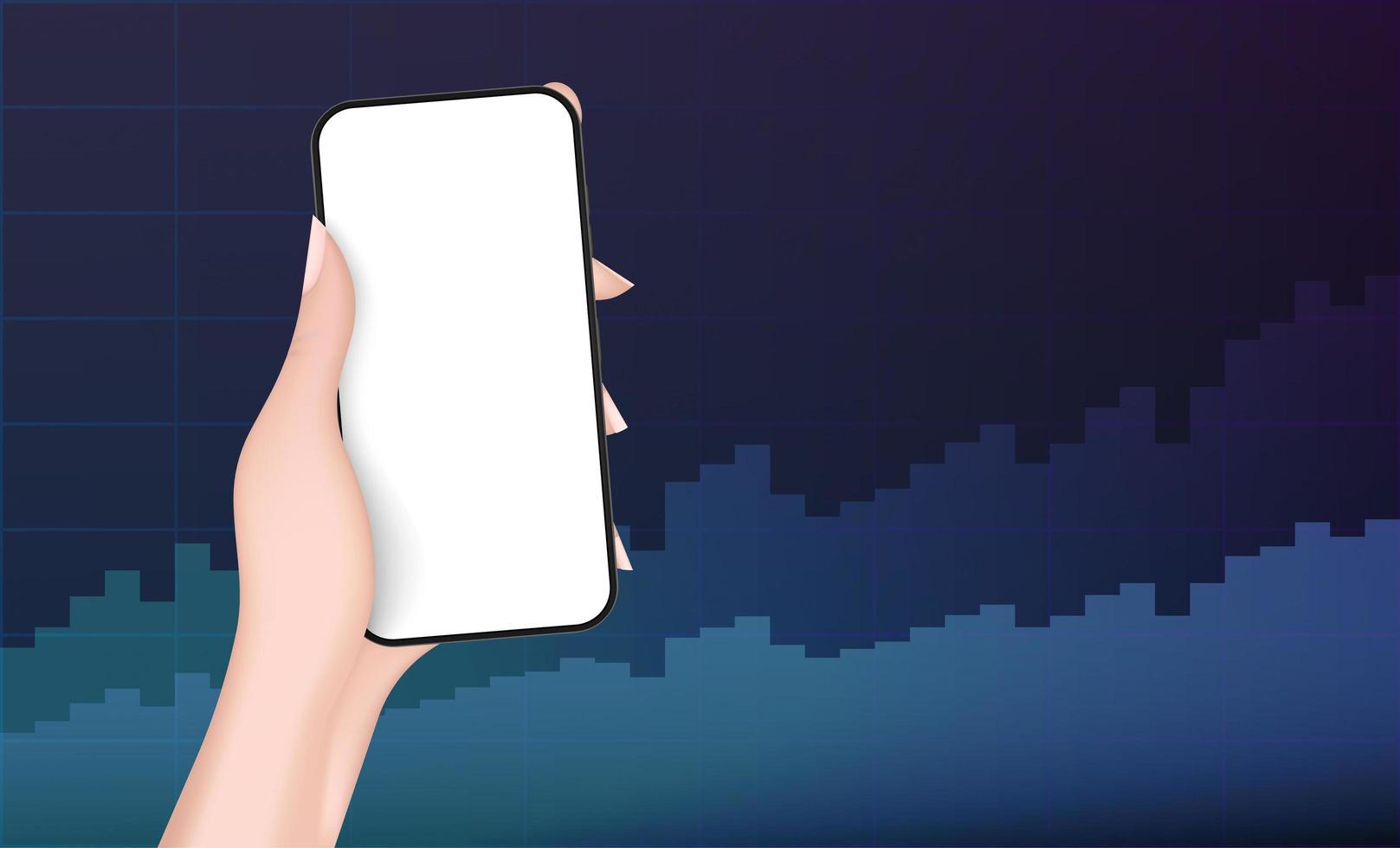 A hand holds a phone with a white screen on the background of financial charts. Neon colors, realistic style. The concept of analytics, business or trading on the financial exchange. Vector. vector