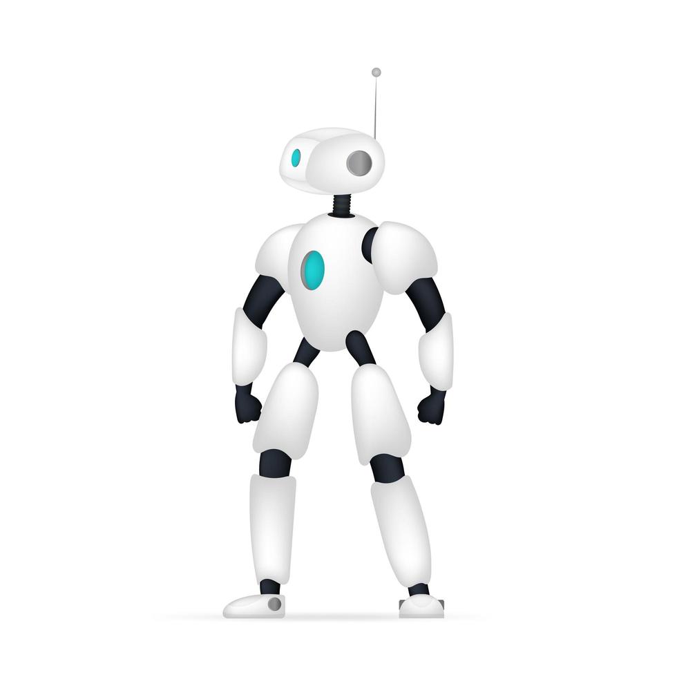 White robot with arms and legs. Realistic vector robot isolated on white background.