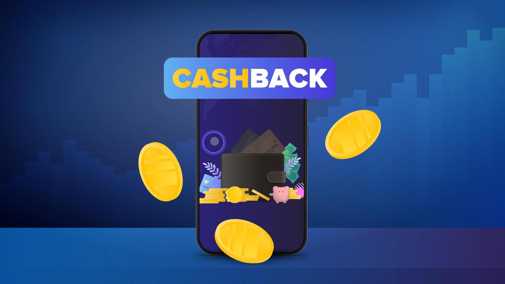 Cashback banner. Gold coins fall near the phone. The concept of earnings. illustration. vector