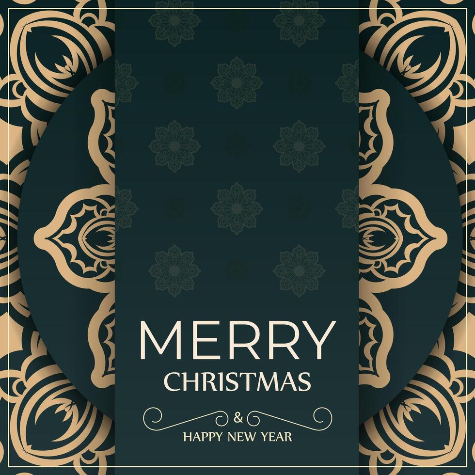 folleto feliz navidad verde oscuro con patrón amarillo vintage vector