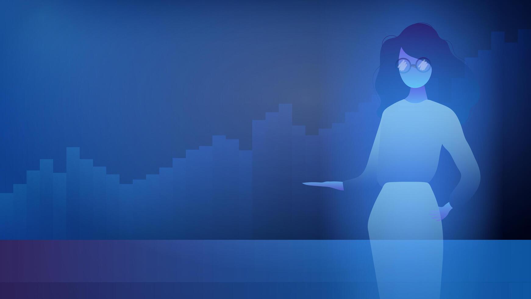 A hologram of a girl with glasses. Futuristic silhouette of a girl in neon light. Banner with space for text. Financial charts. . vector