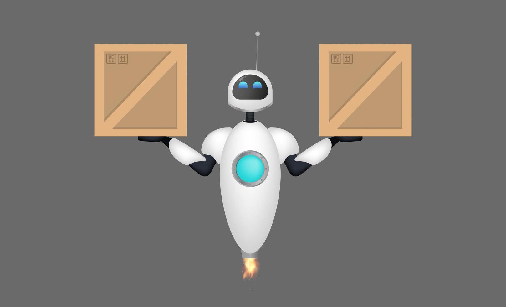 White flying robot holds a box in his hand. Delivery and trucking concept. Realistic style. Vector illustration.